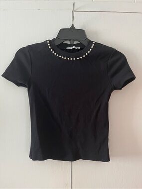 Zara Black Short Sleeve Top with Pearl Neckline